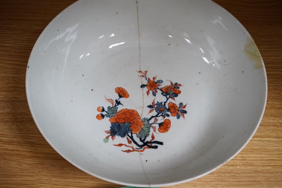 Chinese porcelain to include a famille noire dish and Imari bowl together with an 18th century English blue and white slop bowl, largest 27cm in diameter. Condition - varies